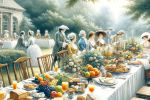 DALL·E 2024-01-19 10.38.00 – A historical art brunch scene set in the 18th century, depicted as a watercolor painting. The image showcases an elegant outdoor setting with a long w