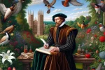 DALL·E 2024-02-07 16.15.00 – In a lush, verdant garden of 14th-century England, under a clear blue sky, Geoffrey Chaucer, the father of English literature, is depicted in the cent