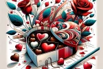 DALL·E 2024-02-07 16.18.50 – Create an illustration depicting a contemporary symbol of Valentine’s Day. The scene includes a stylized, heart-shaped box of chocolates with an artis